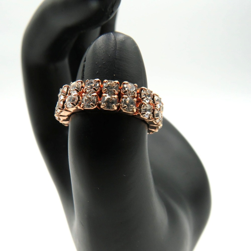 Rose Gold Tone Stretch Band Ring Size 5 Prong Setting Clear Crystal